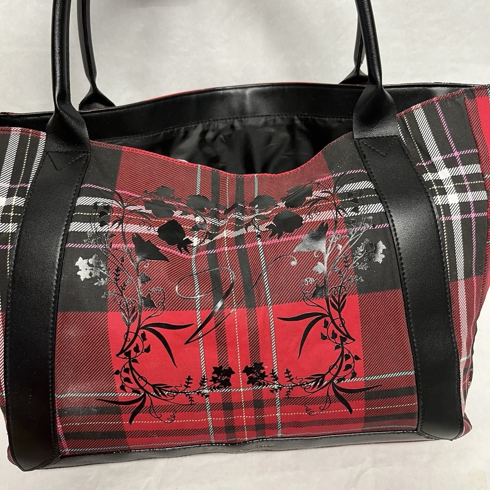 Victoria's Secret Tote Red Black Plaid Scroll "V"